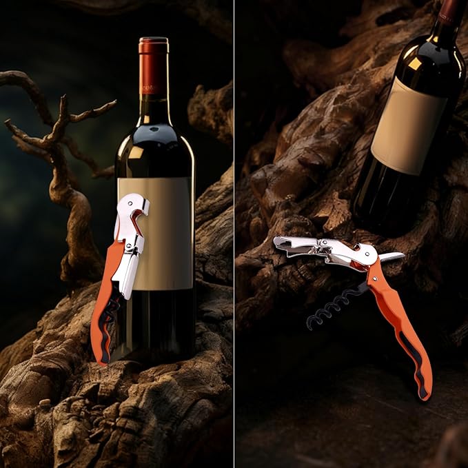 Soft Velvet Touch Waiters Double Hinge Corkscrew Wine Key Bottle Opener，Heavy Duty Waiter Corkscrew, Foil cutter and Bottle Opener,2-pack (2, Orange)