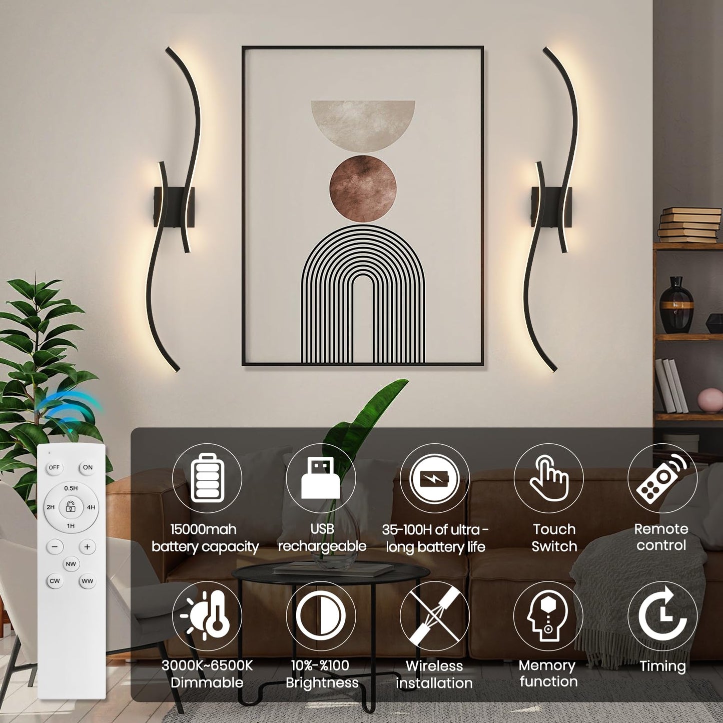 CANEOE Battery Operated Wall Sconce Set of 2, 18000mAh, Dimmable LED, 39.37 Inch, Black, Model WL-100SBL-DC