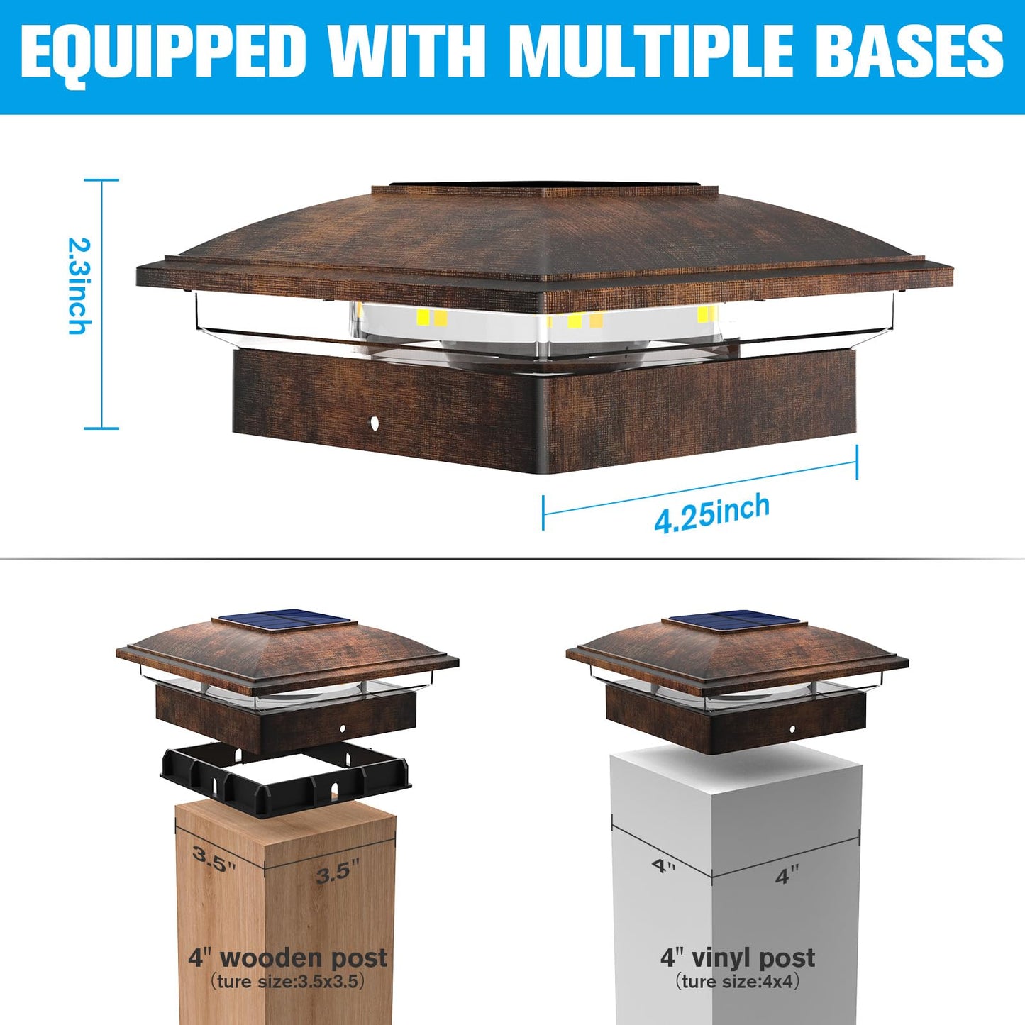 VOLISUN Solar Post Cap Light, 12 Pack, Waterproof for 4x4 Posts, Warm/Cool White, Brushed Copper, Model 21805ZM-WD-12PK