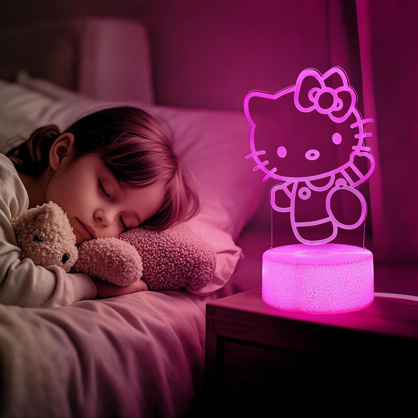 Sunduck Pink Kawaii Kitty 3D Night Light With Corded Control- Dreamy Girls Room Decor  Perfect Birthday/Christmas Gift For Kids  Unique Holiday Present