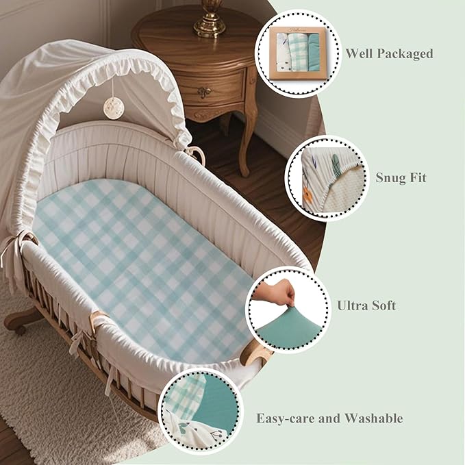 100% Jersey Cotton Bassinet Sheets 21" x 35" Fits Ezebaby, Evolur Stellar, Amke and Mereryi Baby Bassinet, Super Soft and Breathable Bassinet Fitted Sheets for Baby, 3 Pack, Green
