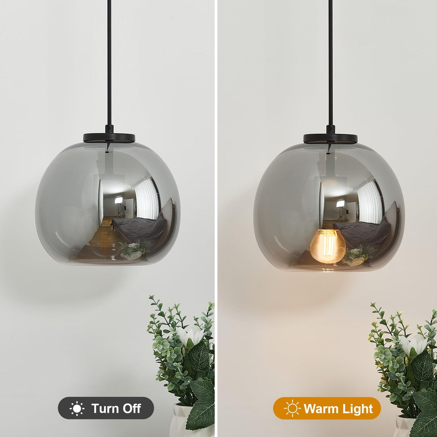 Lbsqj Mirror Smoke Gray Glass Pendant Lights Kitchen Island 2 Pack 7.87 Glass Globe Pendant Light Black Hanging Light Fixture Modern Pendant Lighting For Kitchen Island Bedroom Dining Room