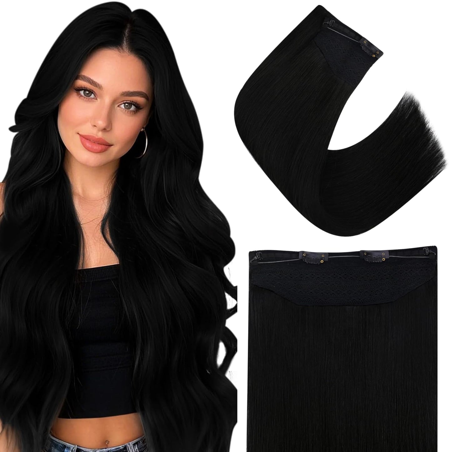 Easyouth Wire Hair Extensions Real Human Hair Black Wire Hair Extensions Jet Black 18 Inch Transparent Fish Line Hair Extension