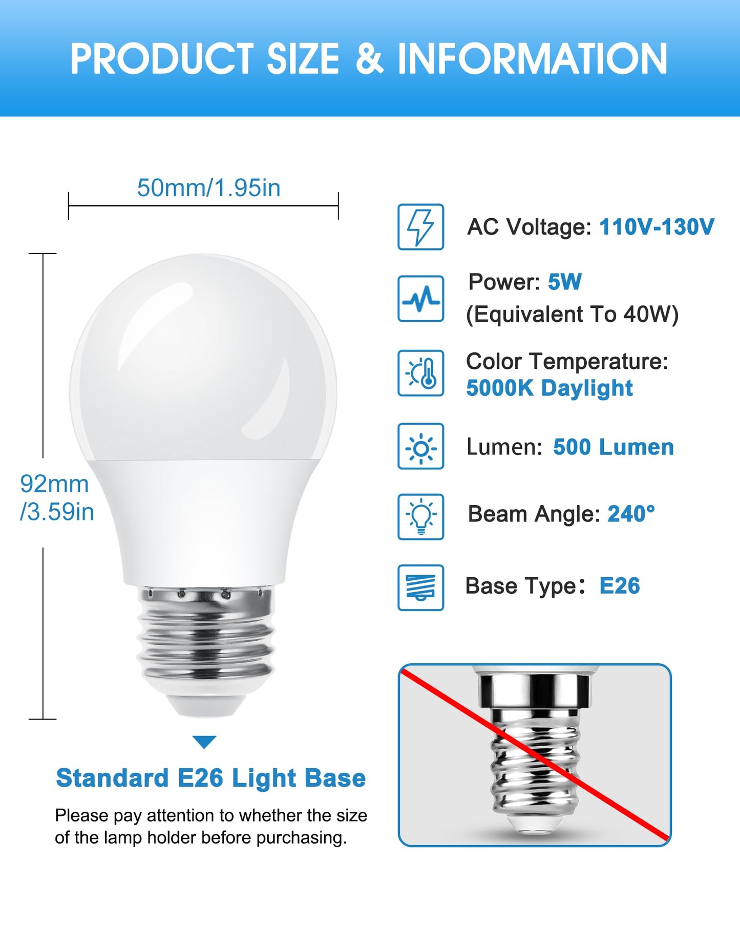 2 Pack A15 Led Light Bulb  E26 Base For Refrigerator Light Bulbs  5W Equivalent 40Watt  5000K Daylight White  Bright Lighting For Ceiling Fan  Kitchen  Indoors & Outdoors  500Lumens  Non-Dimmable