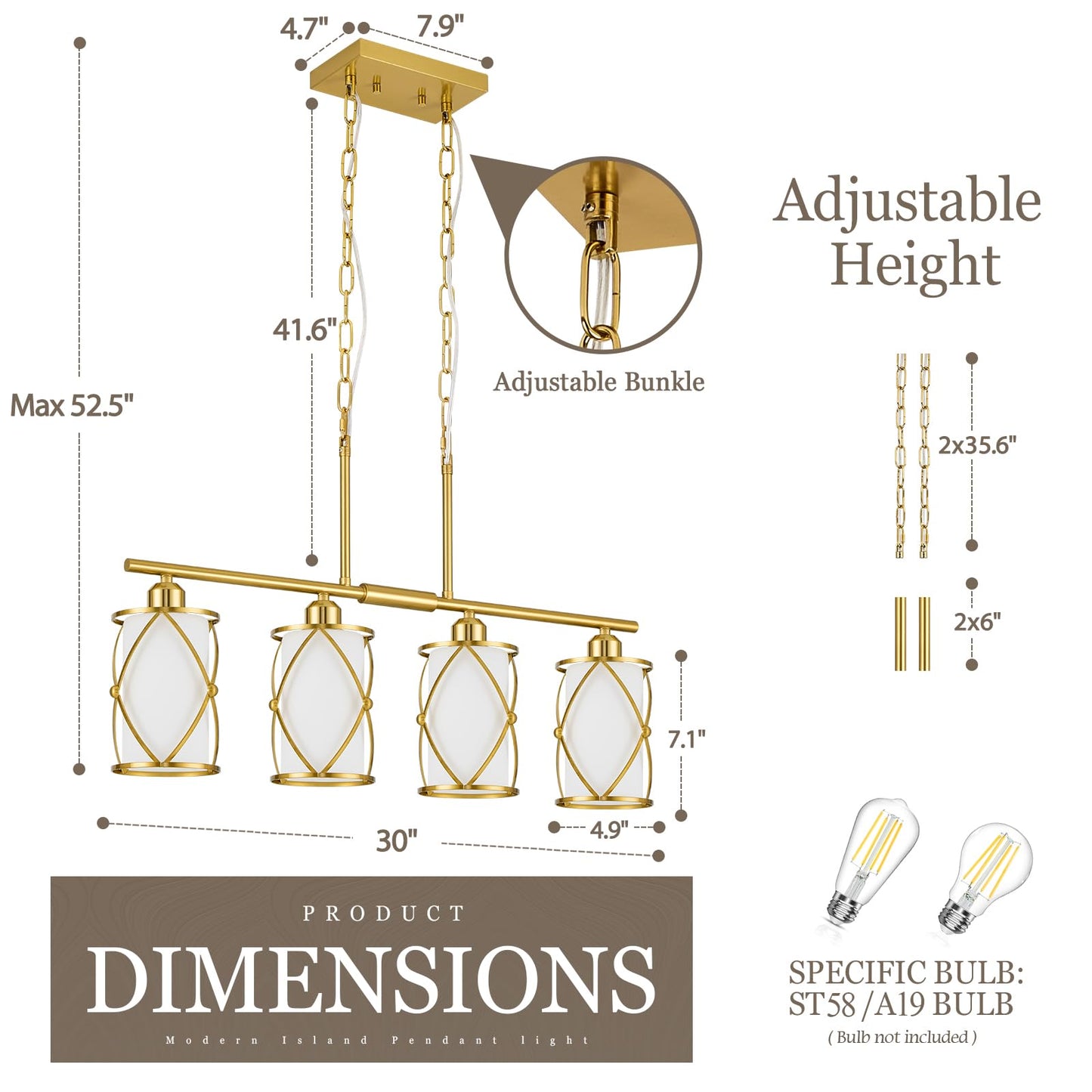 Osimir 4-Light Linear Kitchen Island Light Fixture, Brushed Gold with Milk Glass, Model CH9176BGW-4IS