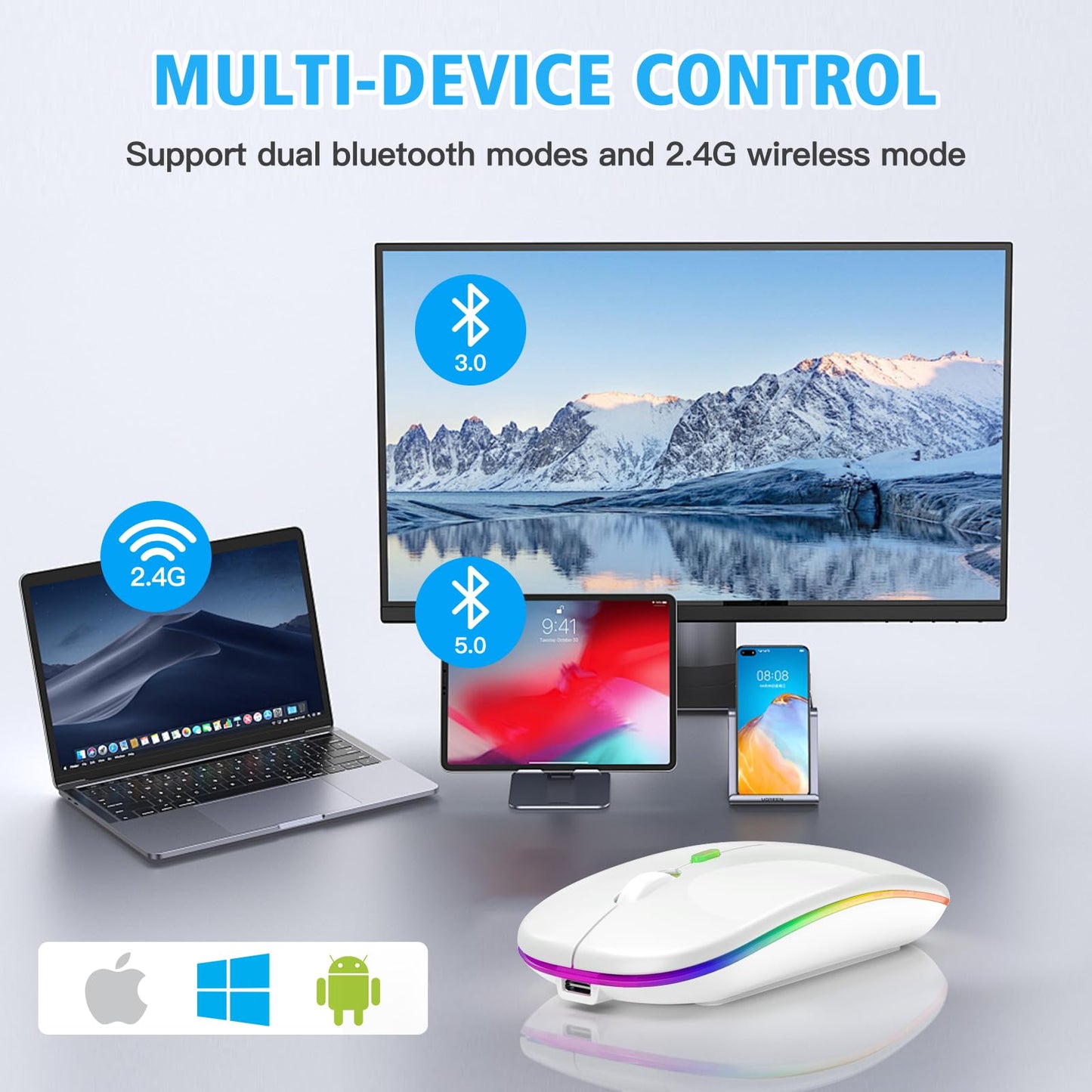 AooKoNi Wireless Bluetooth Mouse, Rechargeable USB Optical Mouse, LED Slim Dual Mode(Bluetooth 5.2 and 2.4G) Wireless Mouse for Laptop, PC, Mac OS, Android, Windows (Type C Charging Port, White)