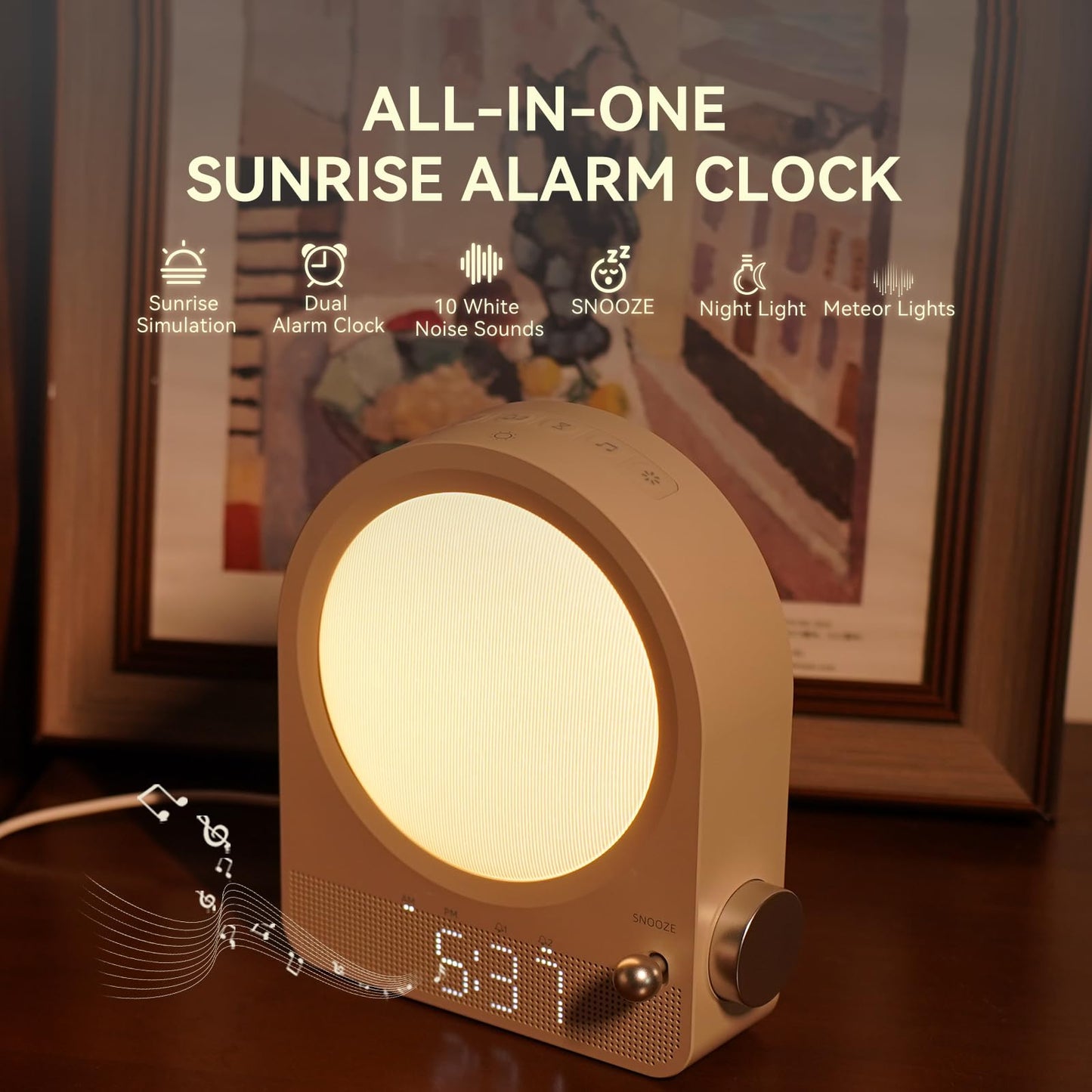 Vivilumens Sound Machine Alarm Clock, Gentle Sunrise Wake Up Light Alarm Clock for Heavy Sleepers Adults, Dimmable Night Light & RGB Meteors Lights Mode, 10 Natural Sounds, Great Gifts for Her