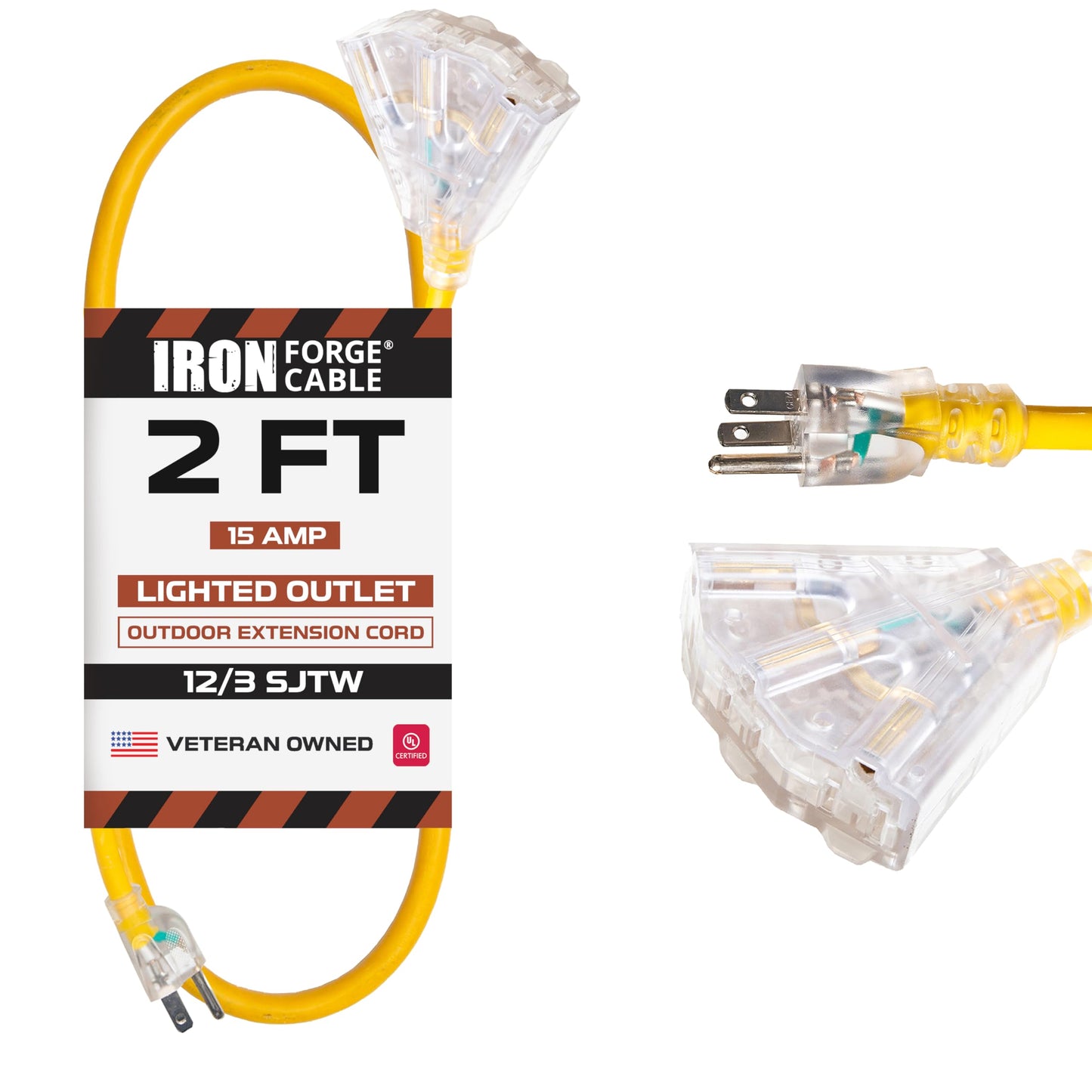Iron Forge Cable 2 Foot Lighted Outdoor Extension Cord With 3 Outlets - 12/3 Sjtw Heavy Duty Yellow Extension Cable 3 Prong - Mu