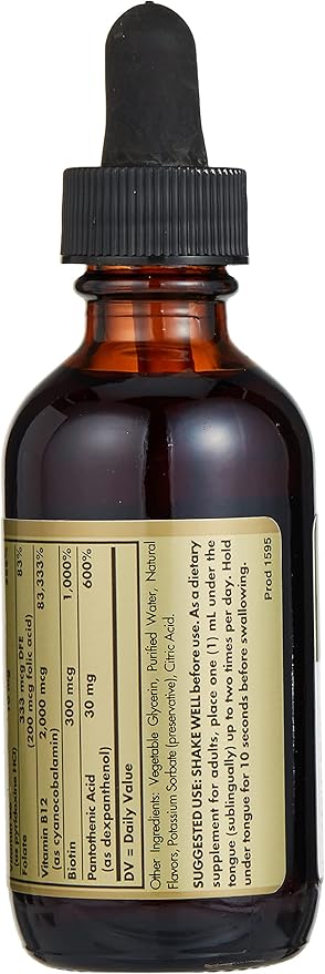 Solgar Sublingual Liquid B-12 2000 mcg with B-Complex, 2 oz - Supports Production of Energy - Nervous System Support - Promotes Heart Health - Vegan, Gluten Free, Kosher - 59 Servings (Pack of 2)