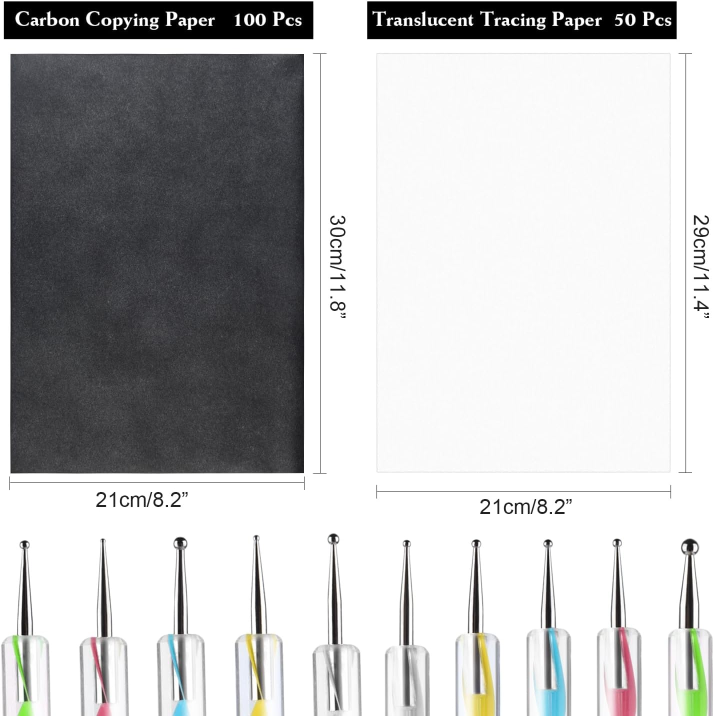 ASTARON 150 Sheets Black Carbon Copy Paper and Tracing Paper with 5 Pcs Embossing Styluses Tool Set, Carbon Transfer Paper for Tracing on Wood Fabric