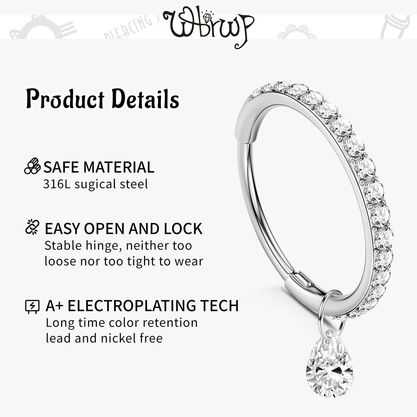 WBRWP 316L Stainless-Steel Hinged Nose Rings Hoop : Womens and Mens Ear Pierecing Dangle Ring with Zircon 16G(1.2mm) Septum Clic