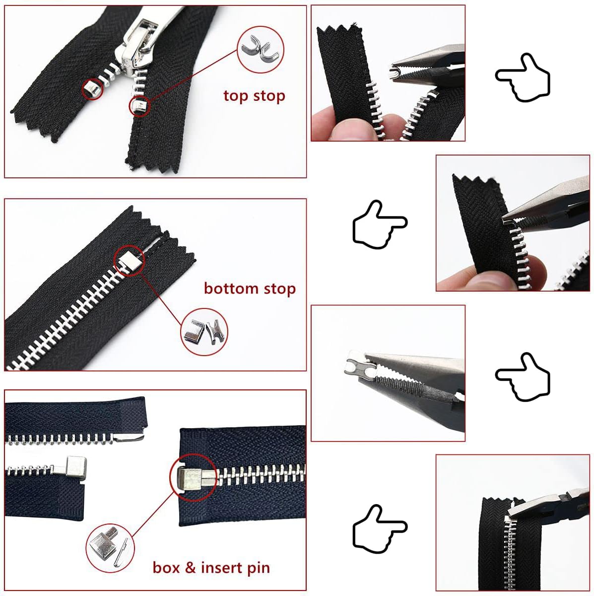 Platinum 48-Piece Metal Zipper Repair Accessories Set - DIY Sewing Kit with Zipper Head Slider, Retainer Box, Insert Pin, Top & Bottom Stoppers for 3# 5# 8# 10# Zippers
