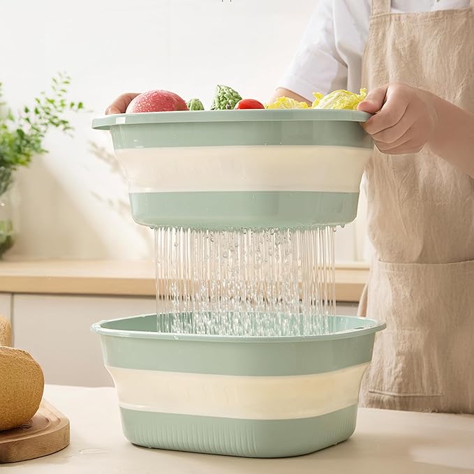 Collapsible Dish Basin with Colander, Foldable 2-in-1 Dish Pan and Strainer Set with Drain Holes, Portable Wash Basin for Kitchen Sink, Camping, Travel & RV (Green)