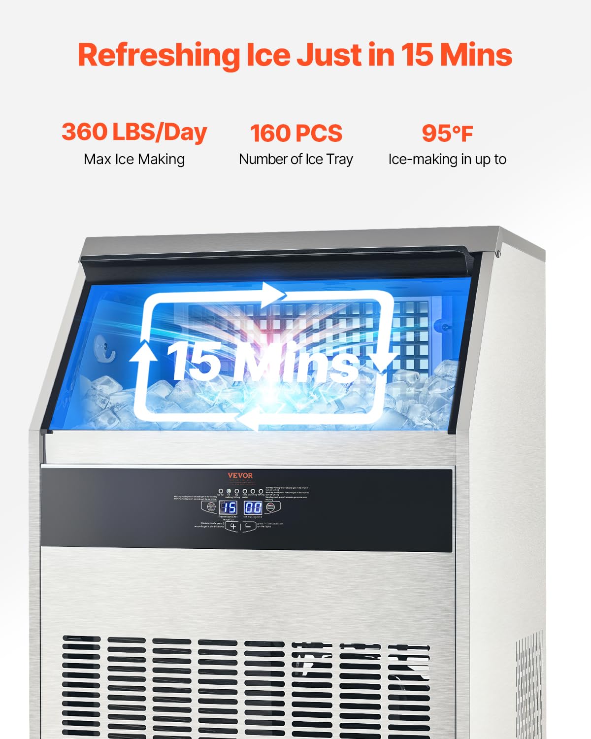 Vevor 360Lbs/24H Commercial Ice Maker Machine With Drain Pump, 88Lbs Storage Capacity Ice Maker, 160 Ice Cubes In 15 Minutes, Le