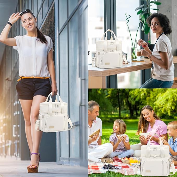 Lunch Box for Men Women - Double Deck Insulated Lunch Bag, Large Leak Proof Tote Cooler, Wide Open Dual Compartment Lunch Bags with Shoulder Strap, For Work Picnic Hiking Beach, Beige