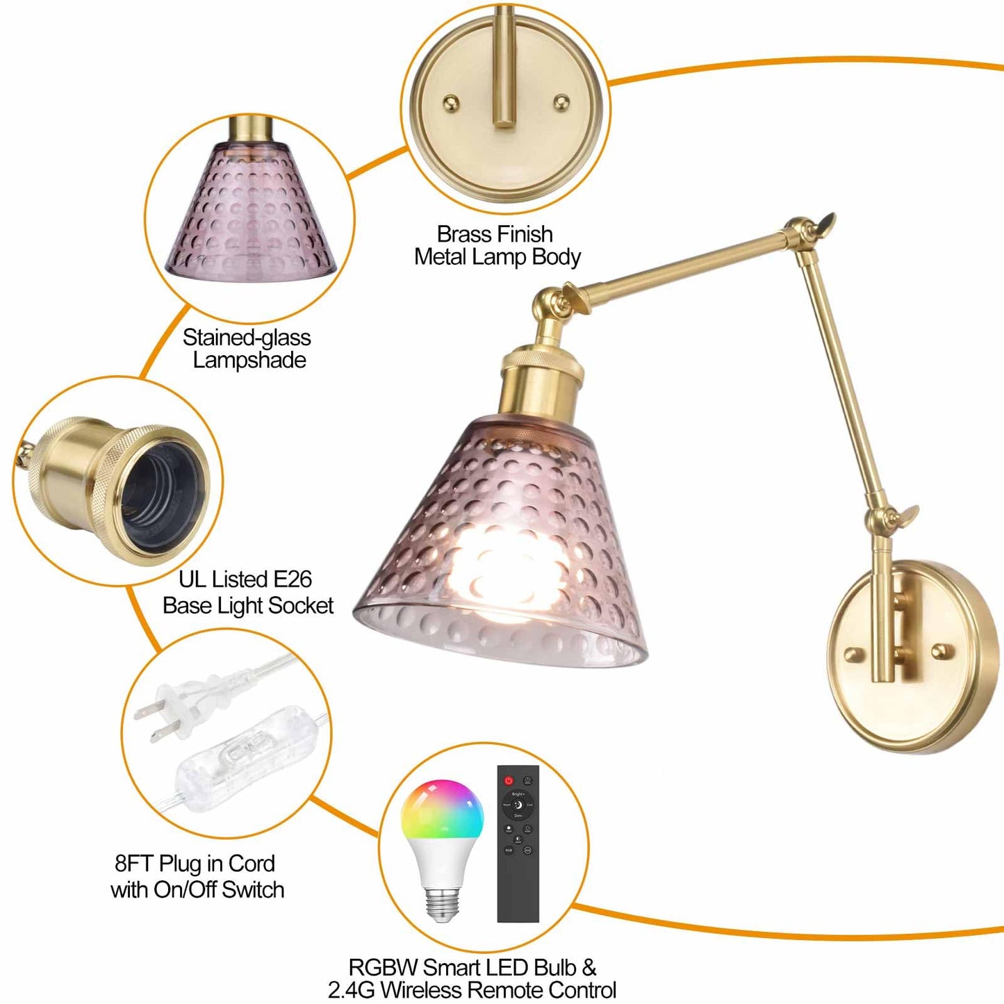 BARSUNS Swing Arm Wall Sconce Set of 2, Adjustable Brightness, Gold & Coffee, Metal, Model BS-WL351YC-B2