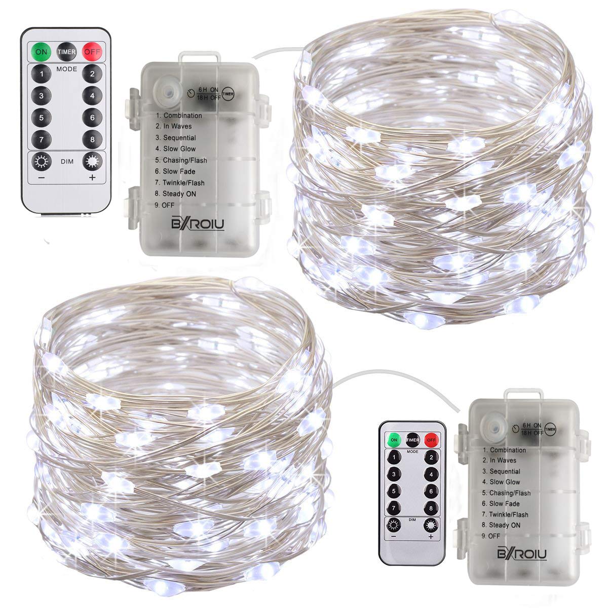 Bxroiu Fairy Lights - 50 Leds, 16Ft Silver Wire, 8 Modes, Remote Control, Battery Operated, Cool White For Bedroom & Party Decor