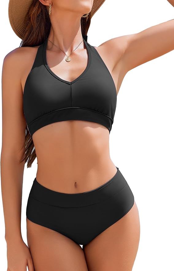 AI'MAGE Bikini Sets for Women High Waisted Two Piece Bathing Suit Tummy Control Swimsuits Halter Color Block Swimwear 2025