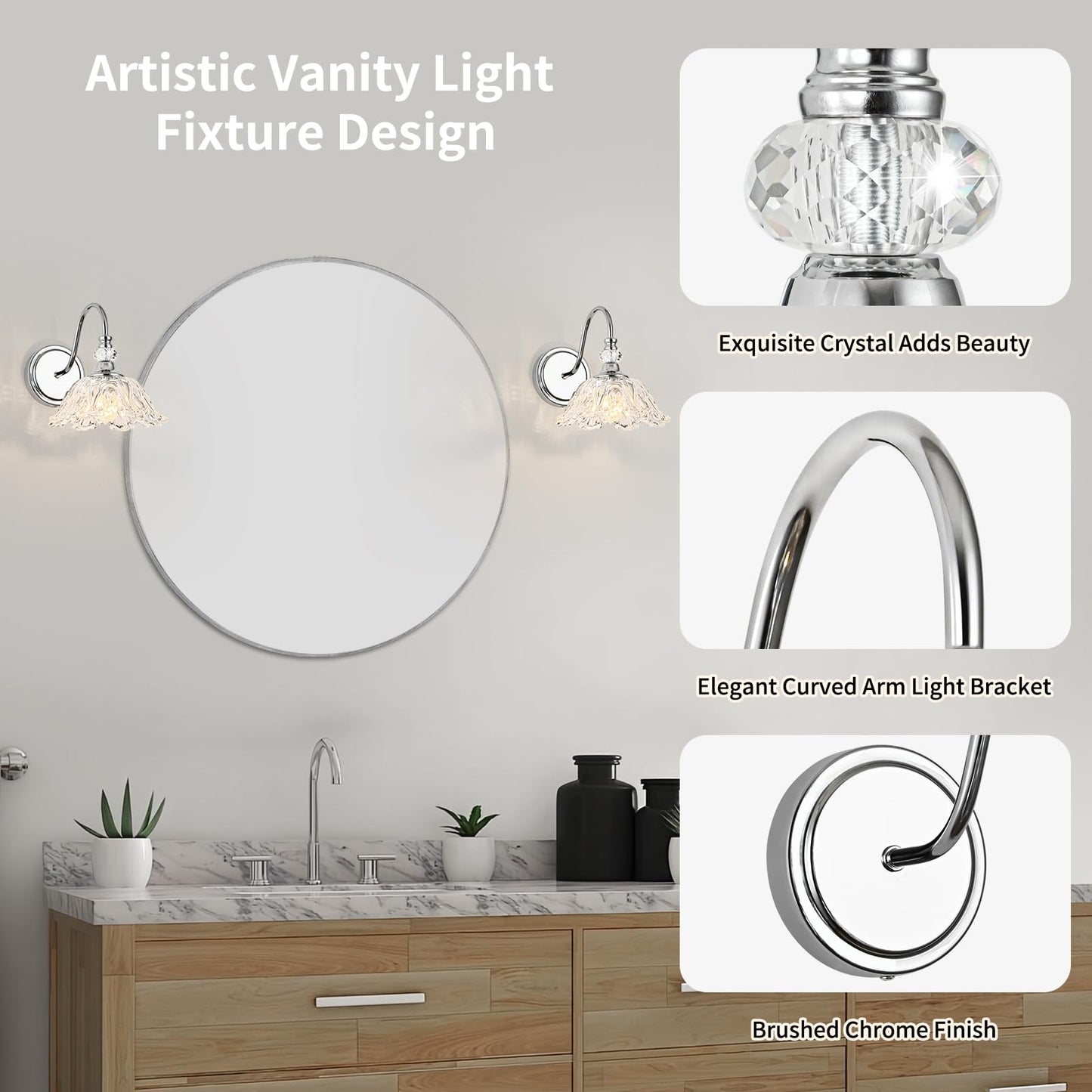 Sunkryster 1 Piece Chrome Wall Sconce With Floral Clear Glass Shade  Modern Wall Mount Lighting For Bathroom Modern Bathroom Vanity Light Fixture