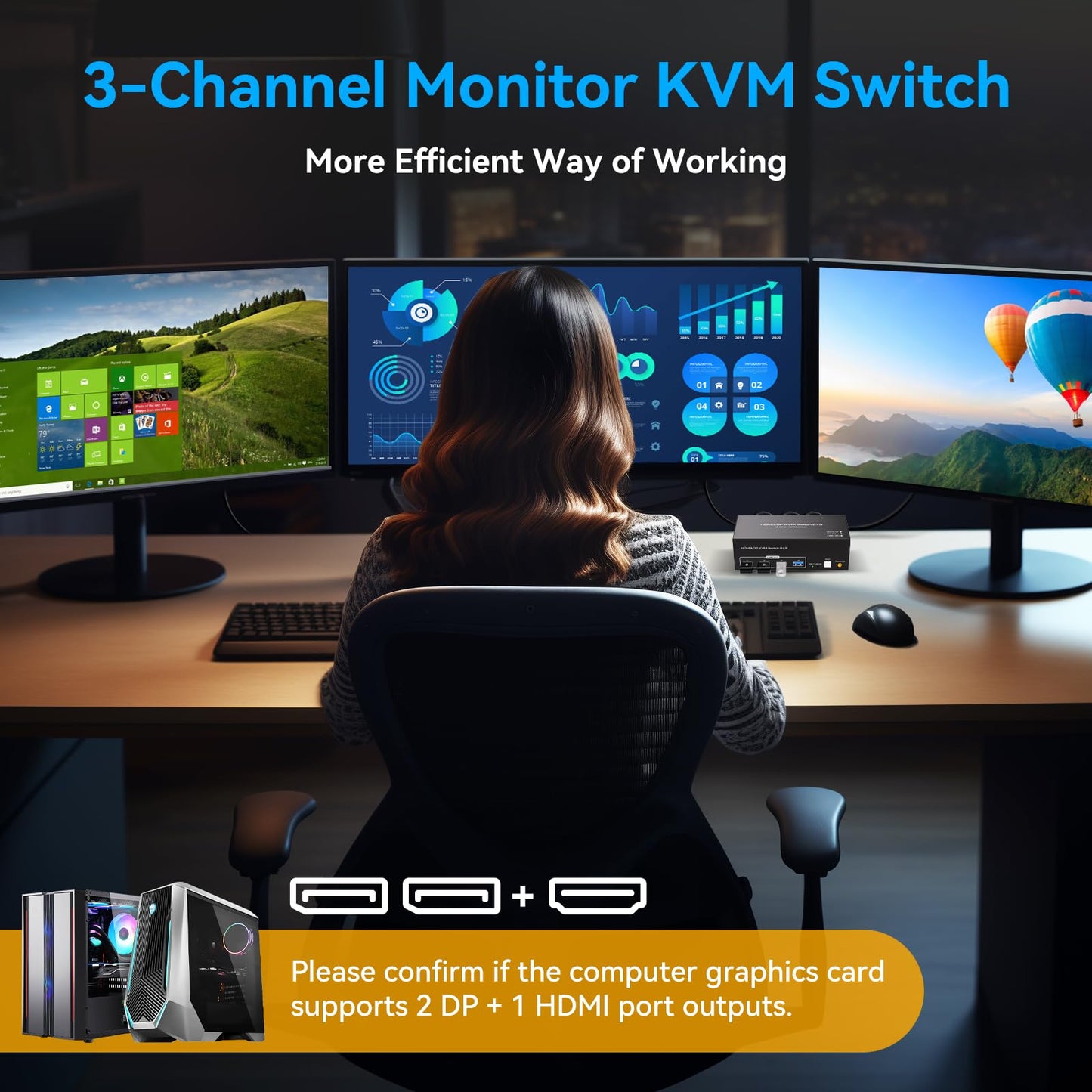 ATLAHET 8K HDMI 2 Displayport KVM Switch 3 Monitors 2 Computers DP 1.4 8K 60Hz 4K 120Hz Display Port for Two PC Share Triple Monitor and 4 USB 3.0 Peripherals Support Extended and Duplicate Mode