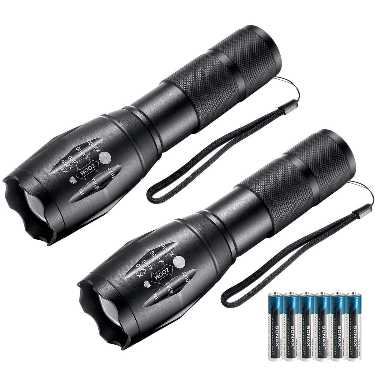 Whaply Led Flashlights, 2 Pack Tactical High Lumens Waterproof With 6 Aaa Batteries, Zoomable, 5 Modes For Camping & Emergency