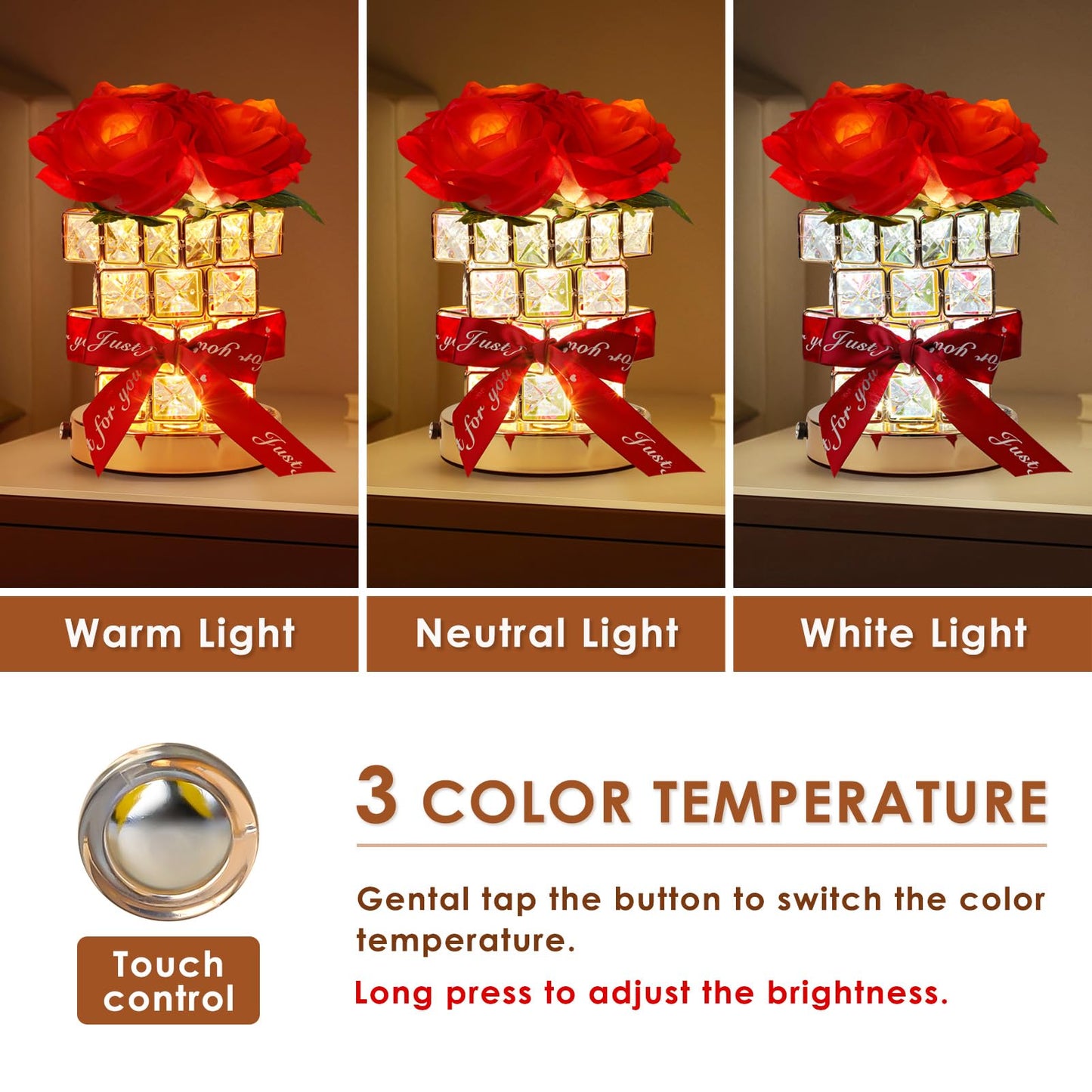 Rose Flower Table Lamp Gifts: For Women/MotherS Day/Mom/Grandma/Sister/Girlfriend  Battery Powered Small Night Light For Kitchen Bedroom Office Decor Rechargeable Cordless Touch Crystal Lamp