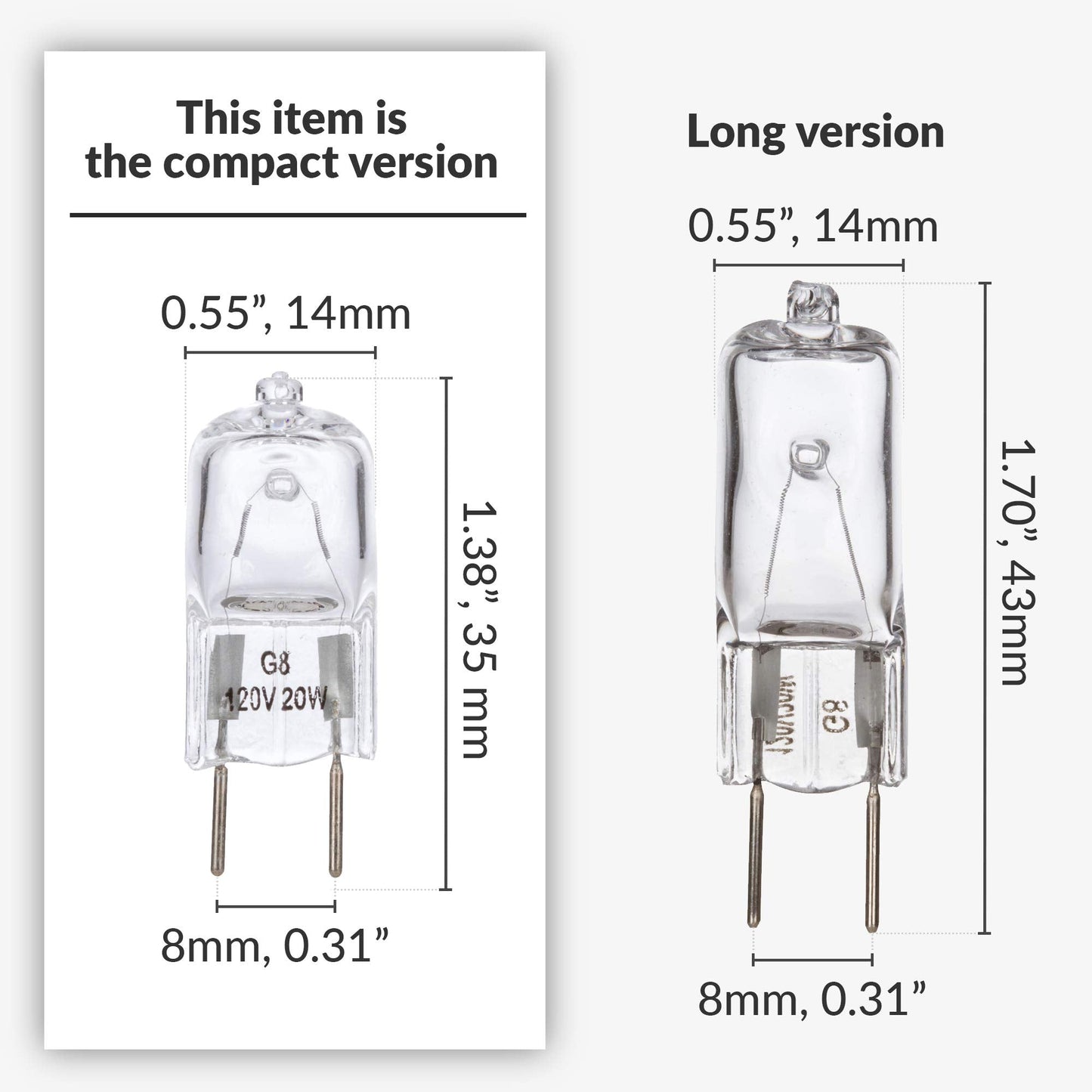 Simba Lighting Halogen Light Bulb G8 T4 20W Jcd Bi-Pin (10 Pack) Shorter 1-3/8 (1.38) Length For Under Cabinet Puck Lights  Kitchen Hood  Landscape Lights  Desk Lamps 120V Dimmable  2700K Warm White
