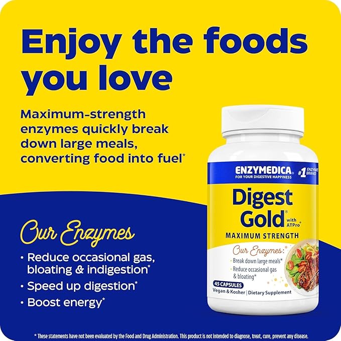 Enzymedica Digest Gold + ATPro, Maximum Strength Digestive Enzymes, Helps Digest Large Meals for Instant Bloating Relief, 45 Count