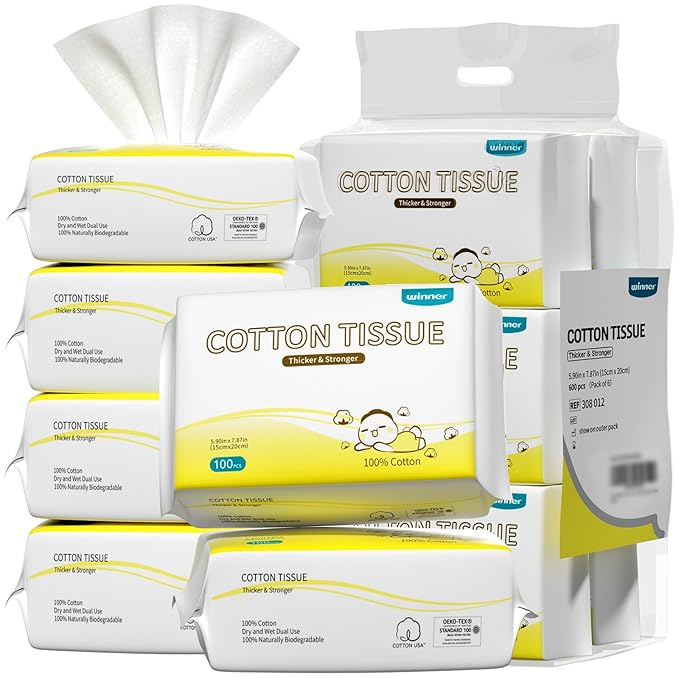 Winner 100% Cotton Dry Wipes, USDA Certified Baby Wipes, Soft & Gentle, Hypoallergenic & Unscented for Baby Sensitive Skin, Use Wet/Dry for Diaper Changes, Meals & Cleanup, 600 Count, Pack of 6