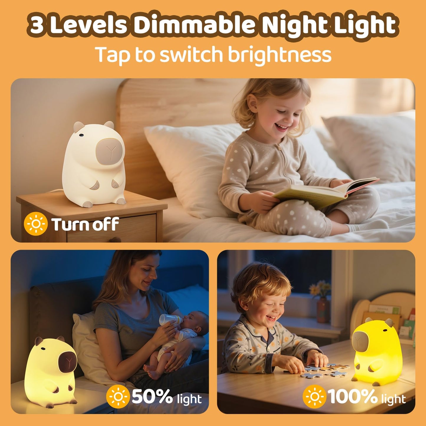 Huggwaii Squishy Capybara Night Light For Kids - Soft Silicone Tap-Control Kids Night Light With 2 Brightness Levels & 20-Min Timer  Cute Lamp For Nursery Bedroom Decor  Baby Gift (1200Mah Battery)