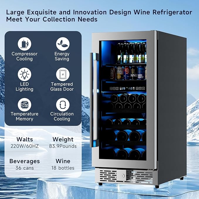 15 Inch Wine Fridge,37-65°F Digital Touchscreen Dual Zone Wine Refrigerator for Built-In or Freestanding, Wine Cooler with Removable Shelves