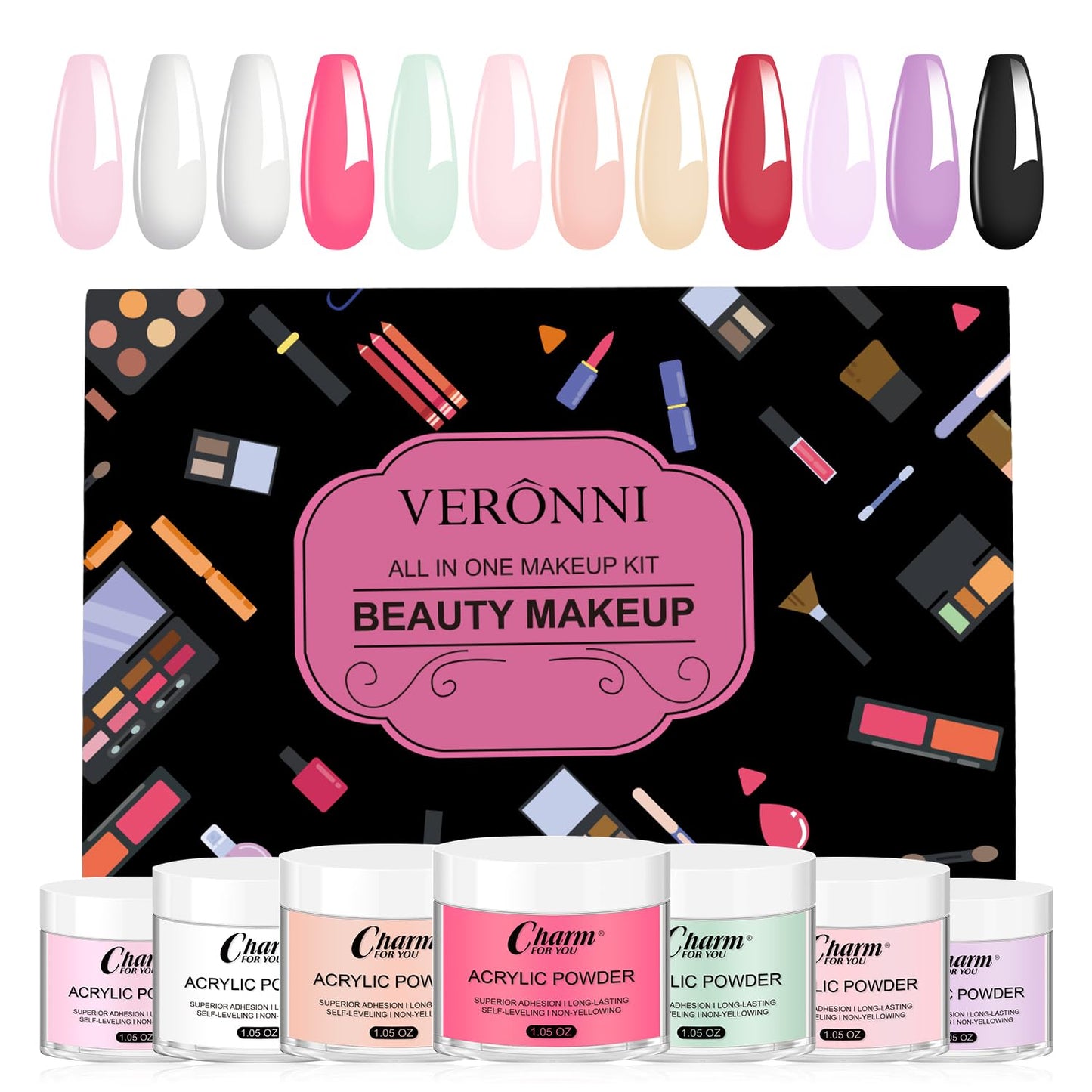 VERONNI Acrylic Nail Kit,14 Colors Acrylic Nail Powder Set for Acrylic Nail Extension 3D Carving for Nail Art Lover Beginner 30g