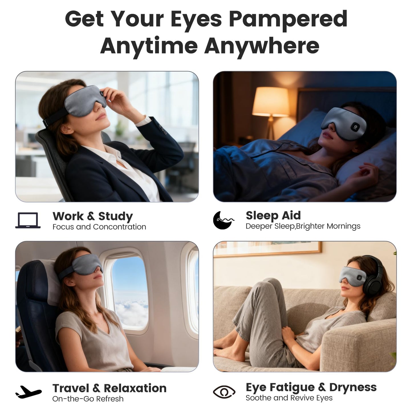 Cordless Heated Eye Mask for Dry Eyes, Blocking Light Warm Compress Rechargeable, 1000mAh Electric Eye Heating Pad for Sleeping, Washable Silk Heat Sleep Mask with 3 Temperature Settings, Grey