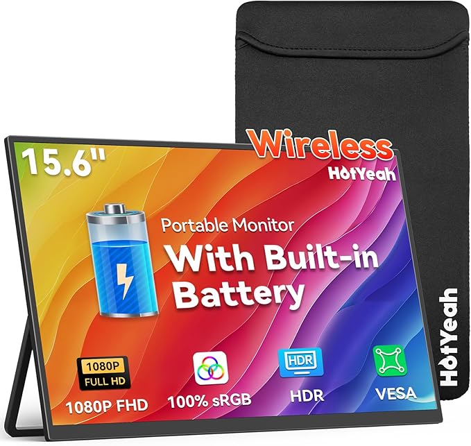 Wireless Portable Monitor Battery-Powered, Support AirPlay Miracast, 15.6" 1080P IPS Monitor USB-C HDMI External Display, ...