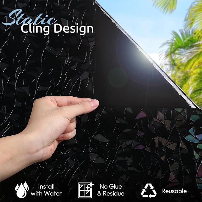 rabbitgoo Window Privacy Film Rainbow Film Decorative Window Sticker, 3D Static Stained Glass Cling Tint for Room Darkening Day Sleep, Black, 29.5 x 157.4 inches