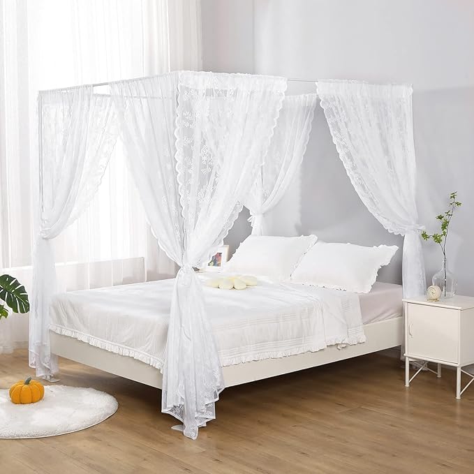 Lace Canopy Bed Curtain Queen, Soft Bed Canopy Scarf for Girls Adults (Queen, White)