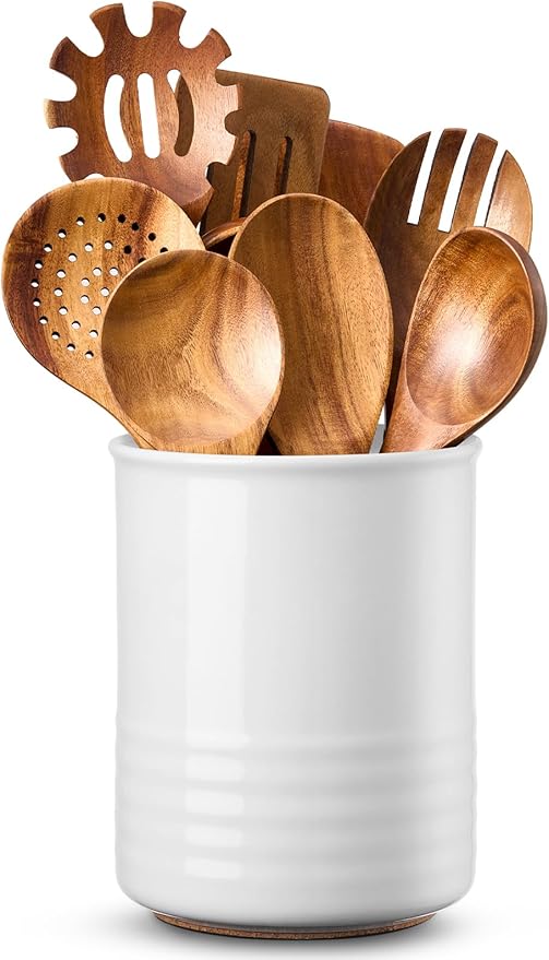 Utensil Holder, 6.7" Ceramic Kitchen Utensil Crock for Countertop Cooking, Modern Utensil Caddy Jar Organizer for Farmhouse Kitchen Counter Decor (White)