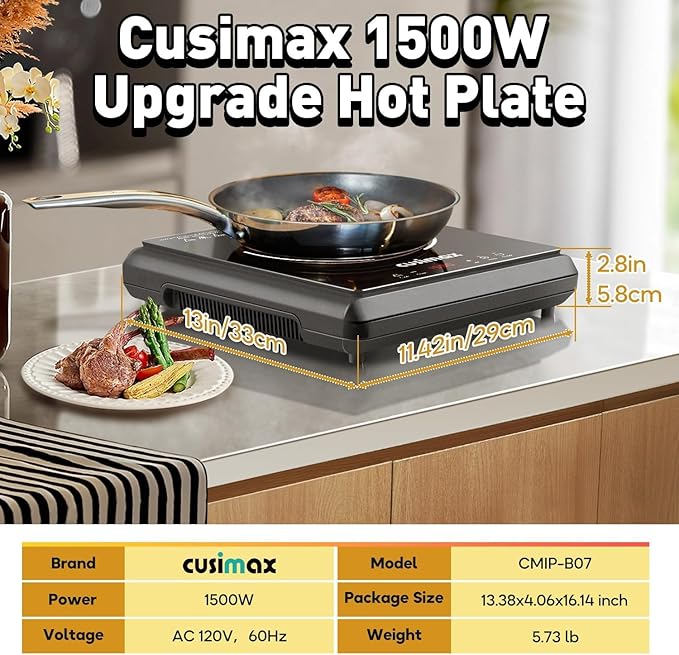 CUSIMAX 1500W Hot Plate, Portable Infrared Electric Stove for Home with 7 Speed,Ceramic Countertop Stove Sensor Touch,Kids Safety Lock and Timer,Compatible for All Cookwares