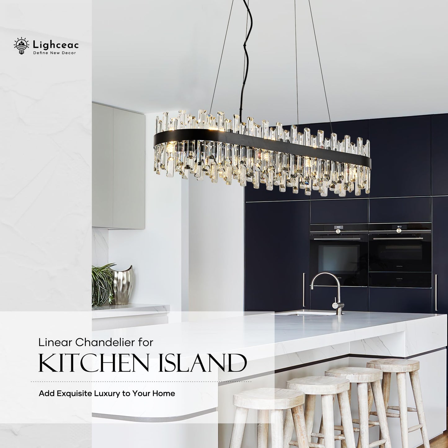Lighceac 39 Modern Black Rectangle Crystal Chandelier Light Fixtures For Kitchen Island stylish Linear Crystal Chandeliers For Dining Room 16-Light Long Hanging Pendant Lighting For Entryway Foyer Bar