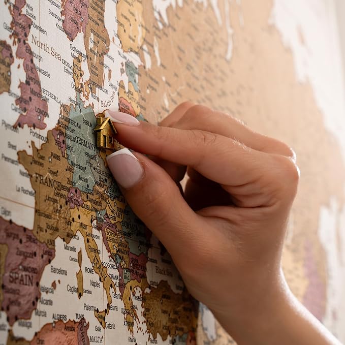 Canvas World Map with Cork Pin Board - English Lettering - Decorative Wall Decoration for All Rooms - Canvas Pictures with World Map Motif (90x60 cm, Pattern 20)