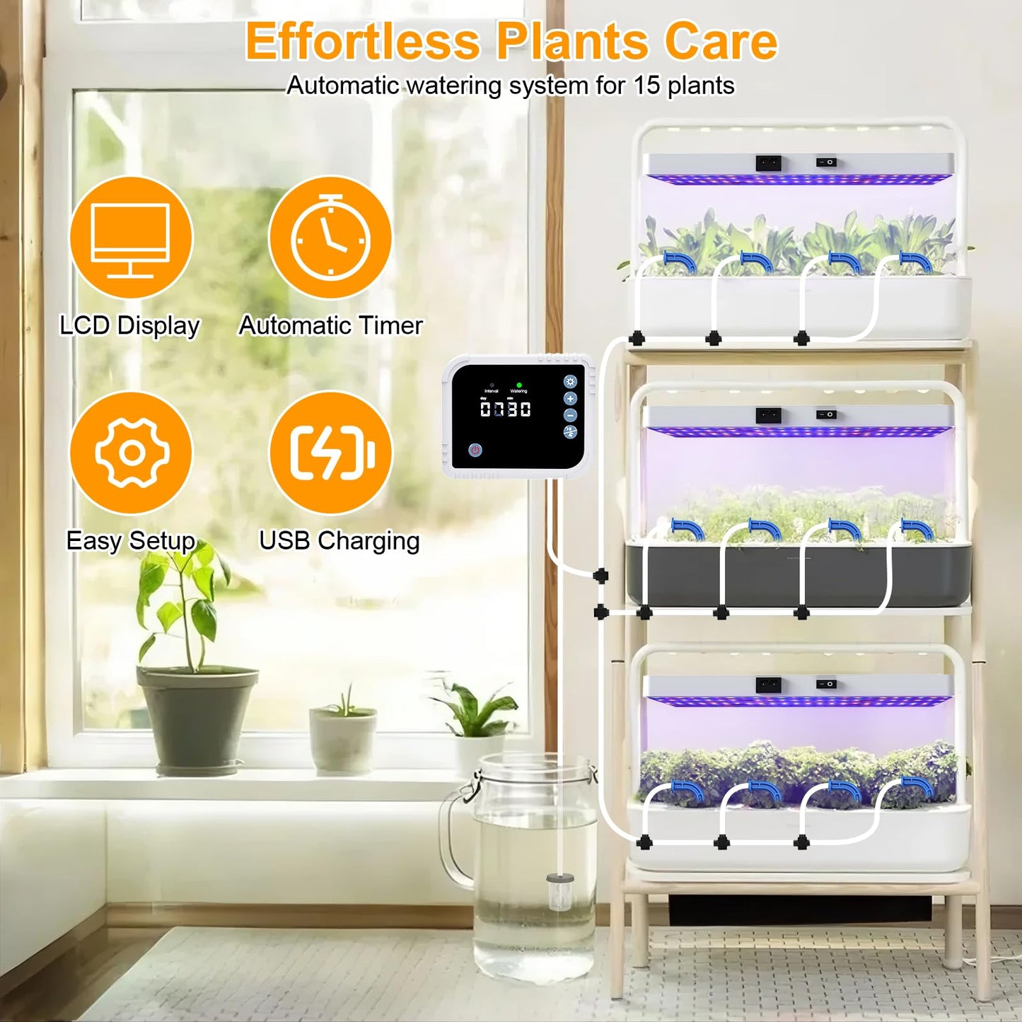 ZRYBOMY LED Grow Light with Automatic Watering System, Full Spectrum, Remote Control, Aluminum, White, Model G1, Grow Light+Watering System