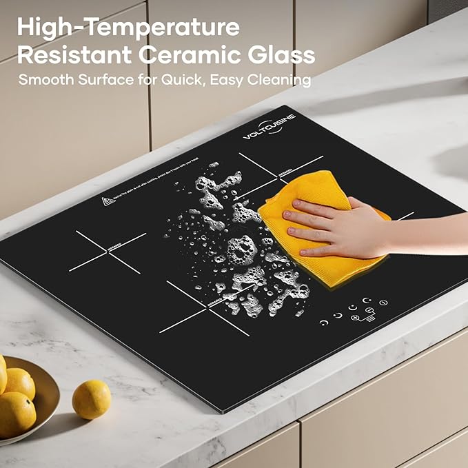 24" Electric Ceramic Radiant Cooktop, 6000W Built-in 4 Burner Stove Top with 9 Heat Levels, Timer & Child Safety Lock, Hard-Wearing Glass Surface (220–240V)