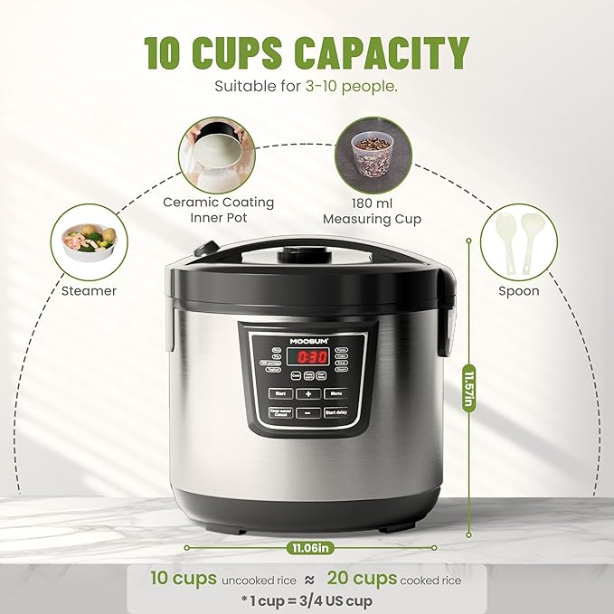 20 Cup Cooked (10 cup uncooked) Rice Cooker with 8 Functions, Healthy Cooking Ceramic Coating Pot, Removable Inner Cover with Steamer, Silver