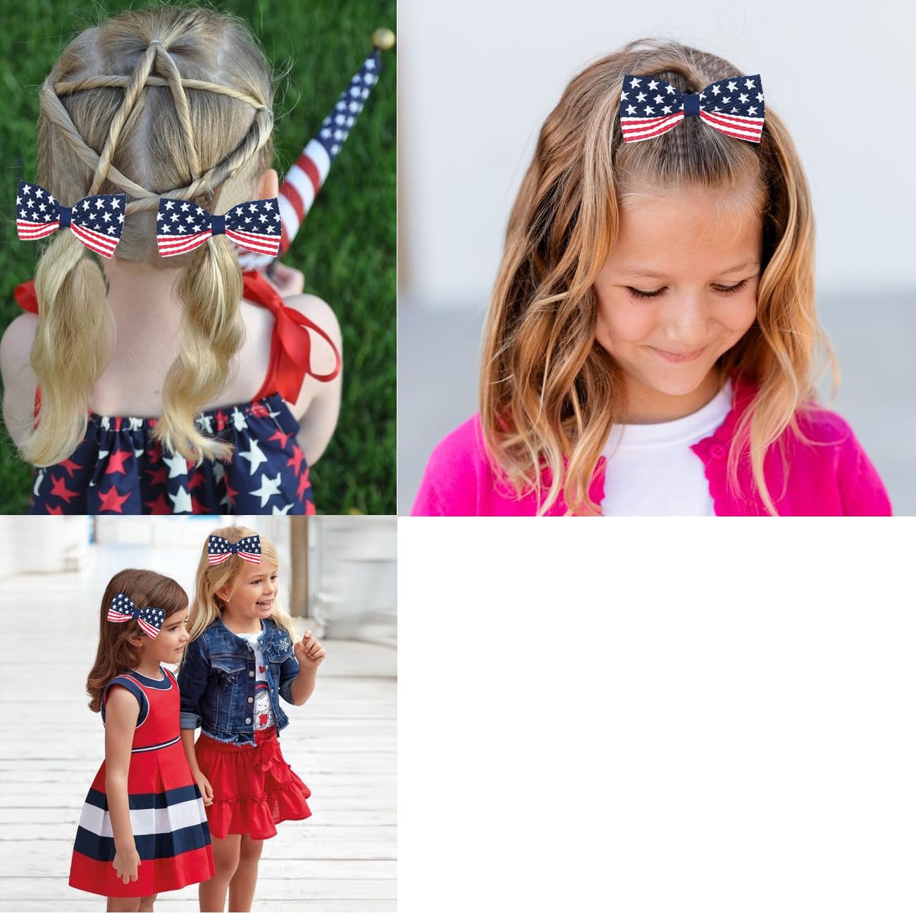JUCCPUL 4Pcs 4th of July Big Hair Bows Clips for Girls 5inch American Flag Barrette Hair Bow Patriotic Stars and Stripes Hairgri