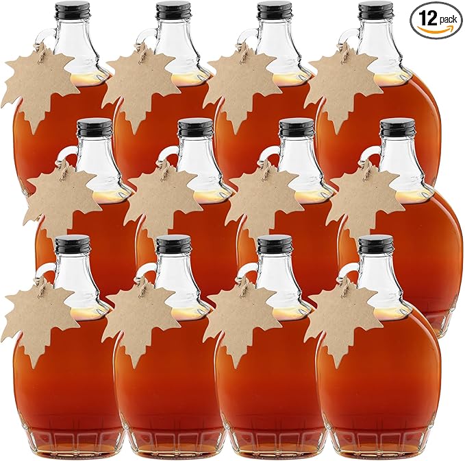 12 Oz Maple Syrup Bottles with Black Aluminum Lids, Clear Glass Bottles with Maple Tag, Perfect for Gifts or Storage (12)