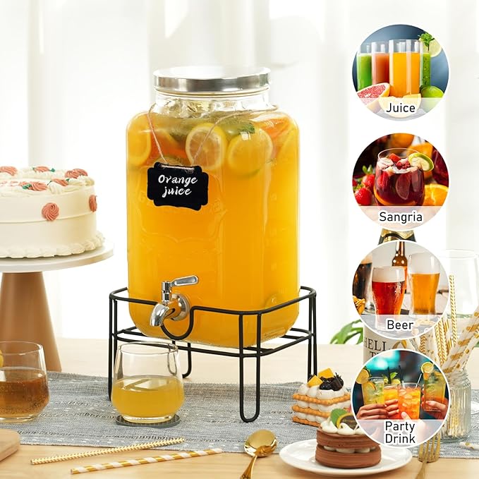 Moretoes Glass Drinks Dispenser for Parties, 2 Gallon Beverage Dispenser with Stand for Juice and Iced Tea, Water Jug Dispenser for Lemonade, Party Essential Beverage Pitcher with Spout