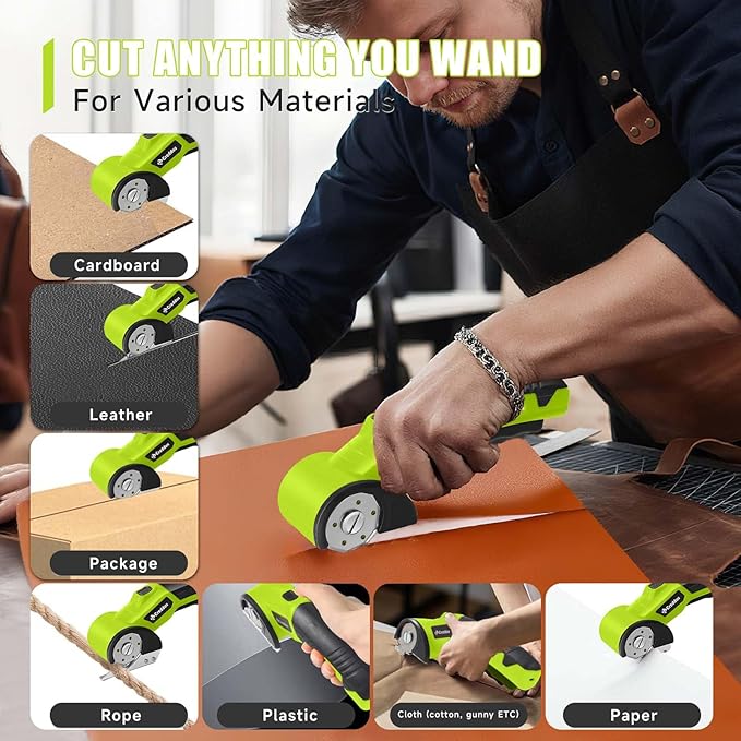 Cordless Electric Scissors，Cardboard Cutter Heavy Duty Scissor with 3 Blade, Safety Lock & Extra Blade，Rotary Cutter for Cardboard Fabric Plastic Leather Green