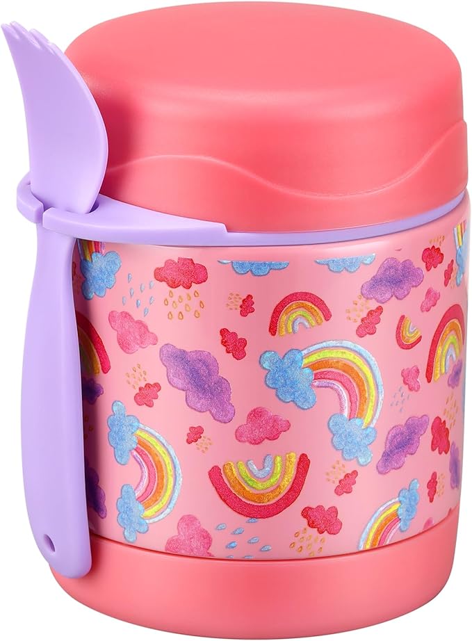 10oz Soup Thermo for Hot Food Kids,Lunch Kids Jar with Spoon Insulated Containers,Leak Proof Stainless Steel Wide Mouth Lunch School(Pink-Rainbow), (thermos-CH)