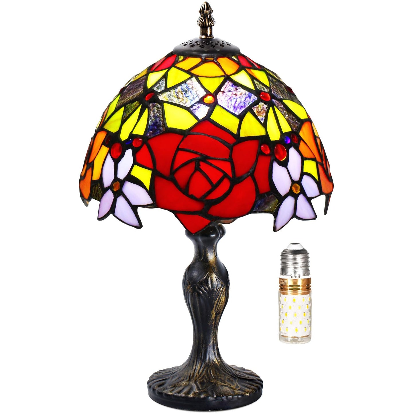 MIAOKE Stained Glass Table Lamp, Handmade Desk Light, Antique Style, Peony Color, Glass Material