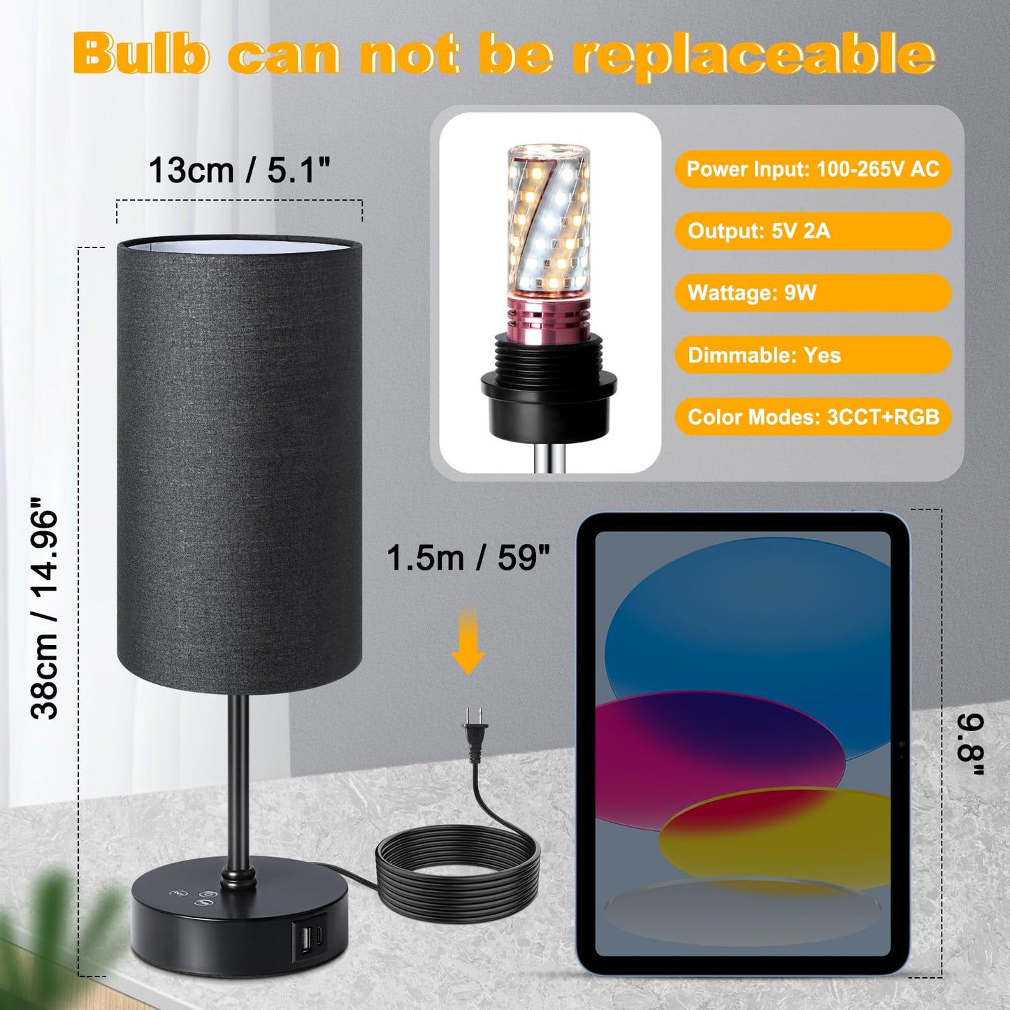 Unicozin Small Table Lamp, 3 CCT Color Changing, Stepless Dimmable, 14.5in, Black Shade